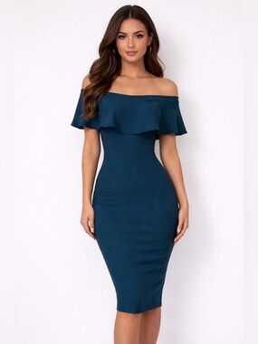 Marciano Off-Shoulder Ruffle Midi Dress in Teal